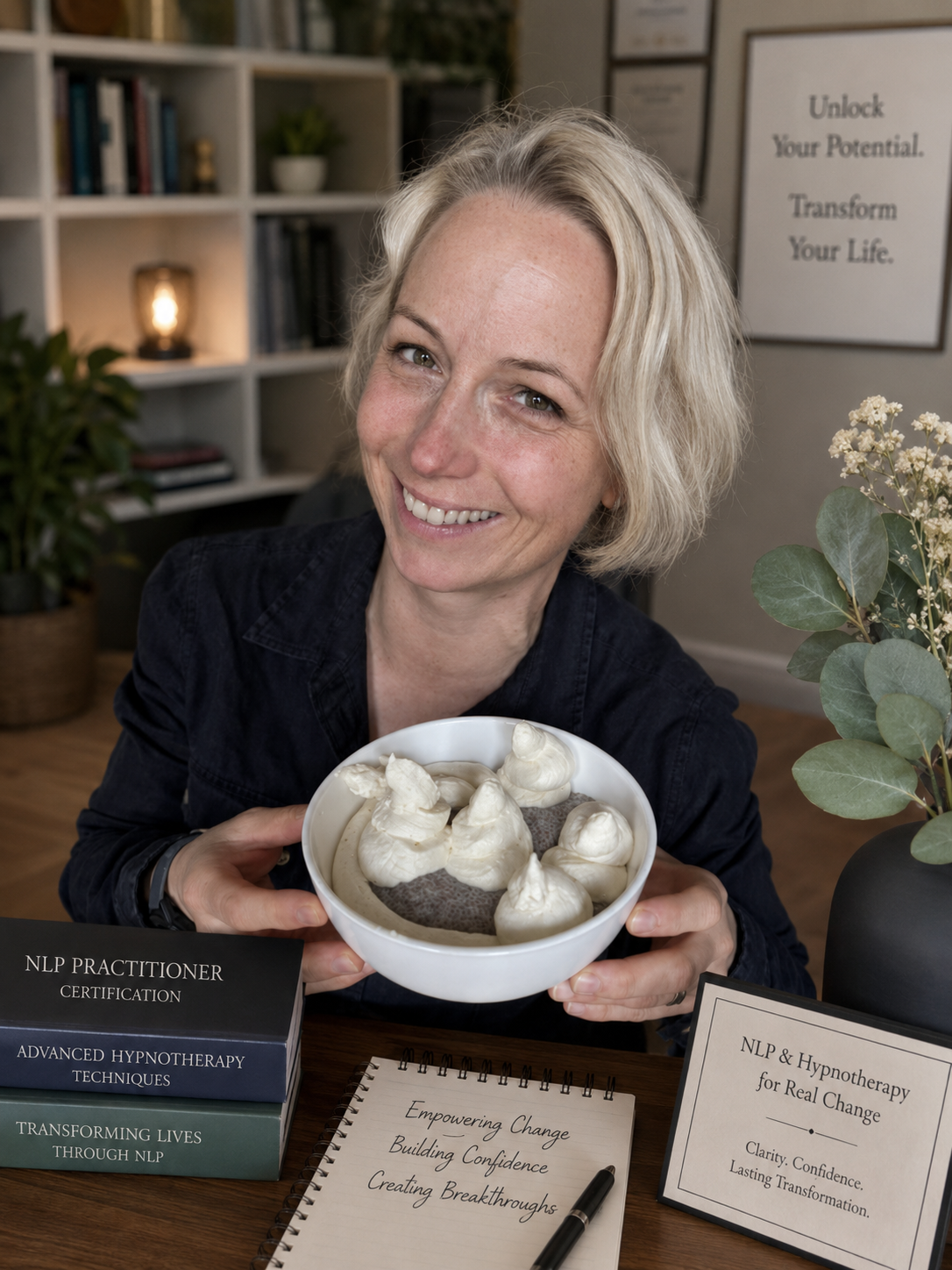 Marta Brendel, NLP practitioner and hypnotherapist, smiling in her practice